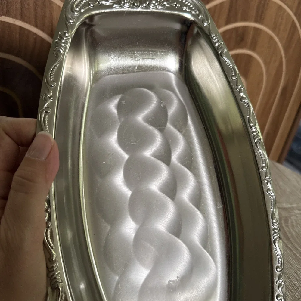 Vintage Silver Tone Floral Trinket Tray Oval Rose Dish Twin Bird Co Japan